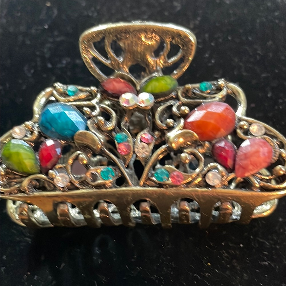 Colorful Gemstone Hair Clip vintage claw gold tone metal sparkling